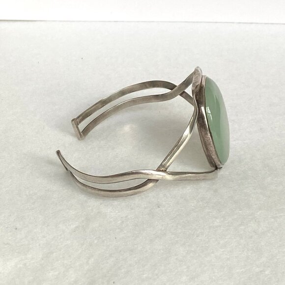 Sterling Silver 925 Large Oval Green Chalcedony Split Band Cuff Bracelet Sz 8" - Picture 7 of 16